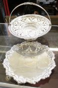 A Walker & Hall Sheffield plate salver held on three feet; approximately 32cm in diameter, together