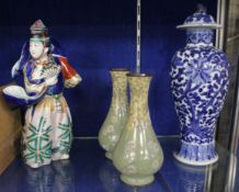 A Chinese blue & white vase and cover; 32cm high, an Oriental porcelain figure, a pair of enamel