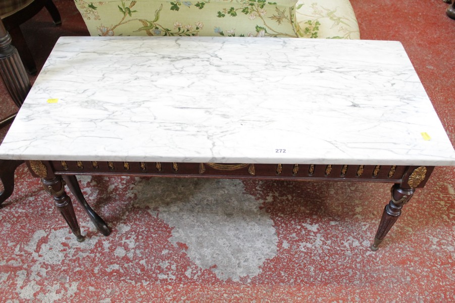 A Louis XVI style marble topped coffee table and a mahogany torchere Best Bid