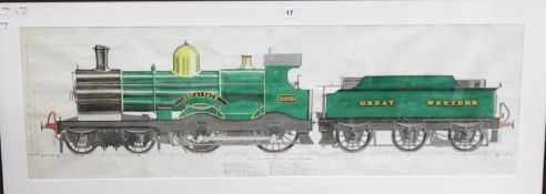 20th Century School Scale drawing of a train engine `Excalibur 3255` Watercolour and pen