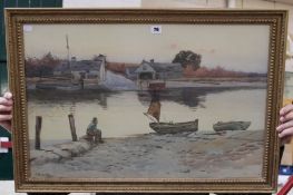 L. Raymond Lone fisherman and boats on the shore of an estuary Watercolour Signed and dated 1891