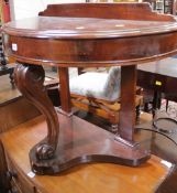 A 19th century mahogany demi lune hall table with cabriole central support.
