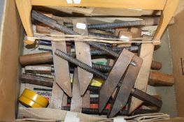 Various wood cramps, saw, spanners, etc.