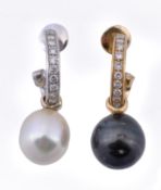 A pair of South Sea cultured pearl and diamond ear pendants, the two colour diamond set coiled ear h