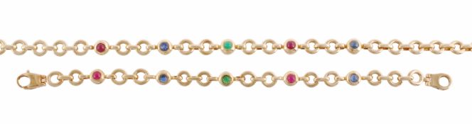 A sapphire, ruby and emerald necklace and bracelet, composed of fancy links, set with circular