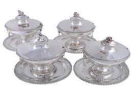 A set of four George III silver sauce tureens and covers by William Holmes & Nicholas Dumee,