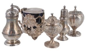 Five items of small silver, comprising: a Victorian pierced drum mustard pot...  Five items of small