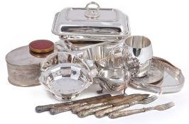 A collection of plated items, including: an oval straight-sided biscuit box;...  A collection of