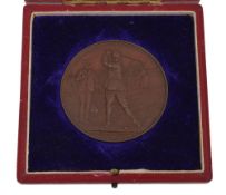 Golfing prize medal, bronze 19th century by W. J. Davis, golfing scene, rev  Golfing prize medal,