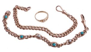 A half pearl and turquoise bracelet, the curb link bracelet set with...  A half pearl and