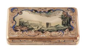 A Continental gold coloured and enamel rectangular snuff box, indistinctly stamped F?, an animal