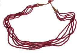 A red spinel faceted bead necklace, the five graduated rows of faceted spinel beads measuring 1.8mm