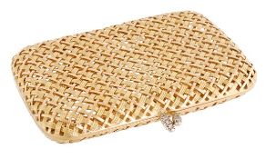 An 18 carat gold oblong basket weave case, with rose cut diamonds to the clasp, stamped 750 with