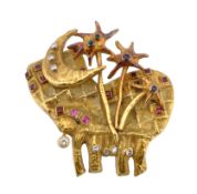 A gem set clip brooch by Afro Basadella for Masenza, circa 1950, the textured landscape with a