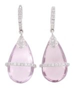 A pair of amethyst and diamond earrings, the pear shaped amethyst drops encircled with a row of