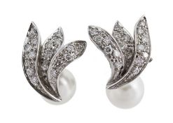 A pair of cultured pearl and diamond earrings, the cultured pearl suspended from a brilliant cut
