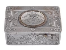 A silver plated rectangular singing bird musical box, probably Swiss or German, early 20th century,