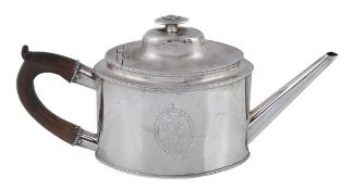 A George III English provincial straight-sided oval tea pot by John Langlands I and John Robertson