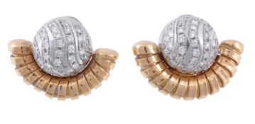 A pair of diamond ear clips by Carlo Weingrill, the domed clips set with brilliant cut diamonds,