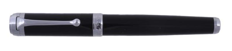 Aurora, a black resin fountain pen, with chrome finish cap and trim, the fine nib stamped Ô14k 585