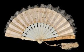 A Chinese fan, Canton, second half 19th century, the ivory guards carved with figures amidst