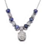 A diamond and sapphire necklace, the front section with altenating oval cut sapphires and old cut