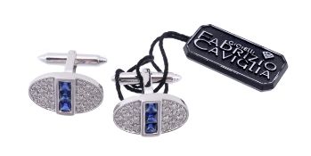 A pair of sapphire and diamond cufflinks, the oval panels pave set with brilliant cut diamonds,