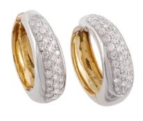A pair of 18 carat gold and diamond earrings, the two colour hooped earrings pave set with