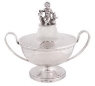 A Spanish silver twin handled circular pedestal sugar bowl and cover by Nicolas Chameroi, Madrid