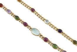A multi gem set necklace and bracelet, the curb link necklace with graduated collet set stones,