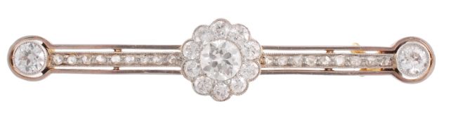 A diamond cluster bar brooch, the central cluster on rose cut diamond bars with brilliant cut