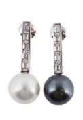 A pair of ÔDay and Night` South Sea pearl and diamond ear pendents, the emerald cut diamond set