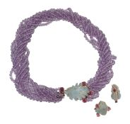 An amethyst bead necklace, the ten stranded necklace with uniform amethyst beads, to a carved