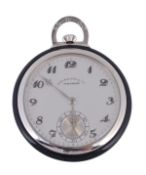 Movado, an open face onyx and white metal pocket watch, circa 1930, the three piece case with