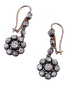 *A pair of Victorian diamond cluster ear pendents, the clusters set throughout with old cut