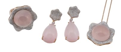 A rose quartz and diamond suite of jewellery, comprising a cluster ring, centrally set with a large