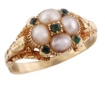 An early Victorian quatrefoil half pearl and emerald accented ring, circa 1840, to chased foliate