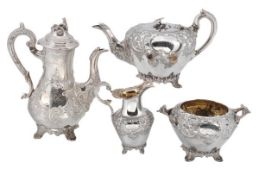 A matched Victorian Scottish silver four piece tea service, the tea pot and sugar basin by Robb &