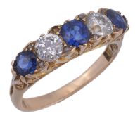 A late Victorian five stone sapphire and diamond ring, circa 1900, the round cut sapphires with old