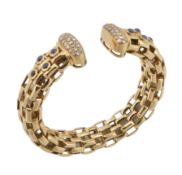 A sapphire and diamond bangle, the brick link bracelet set with circular cabochon sapphires and