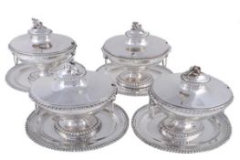 A set of four George III silver sauce tureens and covers by William Holmes & Nicholas Dumee, London