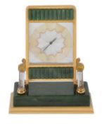 A modern brass and green nephrite desk clock, unsigned, the rectangular case with a mother of pearl