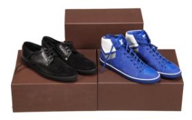 Louis Vuitton men`s shoes, a pair of black suede and canvas textured leather trainers, with ribbed