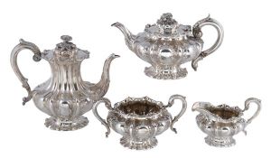 A matched William IV silver lobed baluster four piece tea and coffee service by a Joseph Angell I &