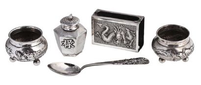 A pair of Chinese export silver cauldron salt cellars by Kwong Man Shing, Hong Kong & Canton, circa