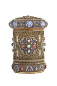 A Chinese silver coloured gilt and enamel canister, stamped Silver only, second half 20th century,