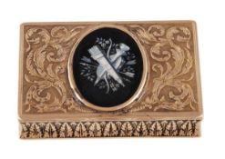 A 19th century Swiss gold and black and white enamel rectangular snuff box, bears 1815-81 Geneva