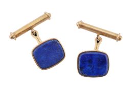 A pair of gold lapis lazuli cufflinks, the rectangular lapis lazuli panels in a polished gold