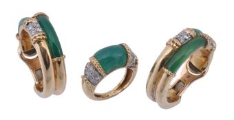 A pair of 1970s diamond and chyrsoprase ear hoops and matching band ring by Kutchinsky, the ring