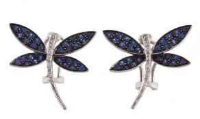 A pair of sapphire and diamond dragonfly earrings, with circular cut sapphires to the wings and